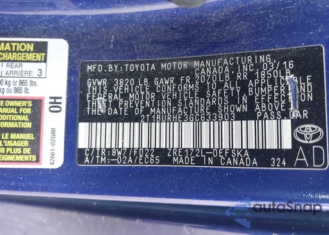 2016 Toyota Corolla S Plus from USA, damaged, VIN 2T1BURHE3GC633903